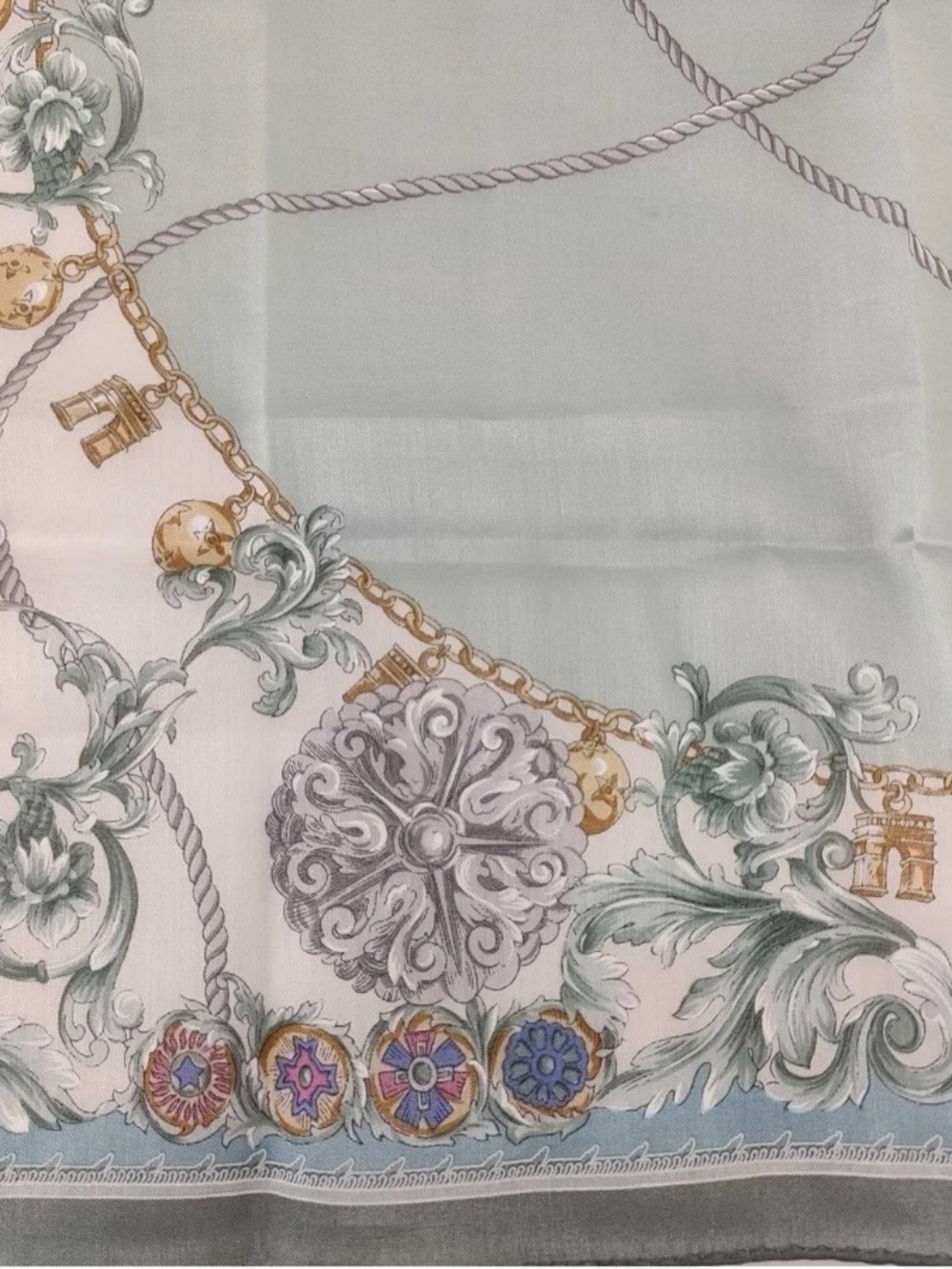 Vintage Celine Paris Cotton Scarf Handkerchief Sage Green Gold Chain - Picture 5 of 9